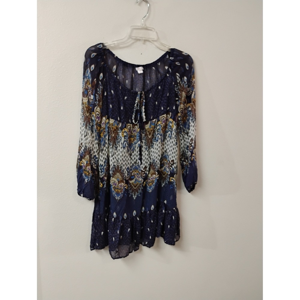 Xhilaration Navy Blue Paisley Boho Tunic Top Long Sleeve Ruffle Mini Dress Small